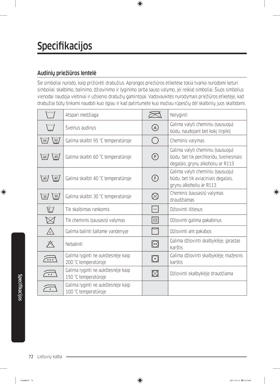 Samsung WW10M86INOA/LE manual Specifikacijos, Audinių priežiūros lentelė, Degalais, grynu alkoholiu ar R113, Karštis 