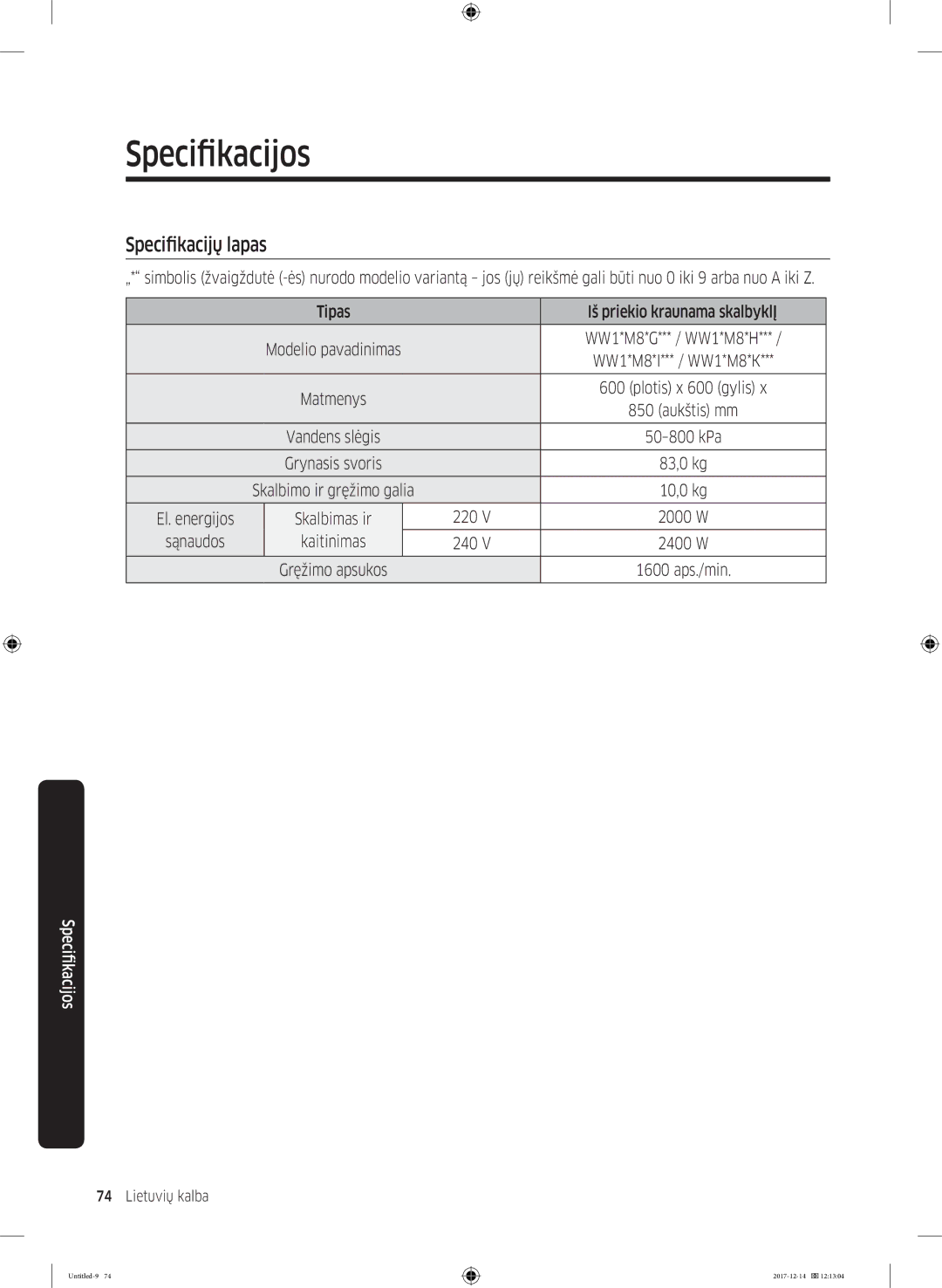 Samsung WW10M86INOA/LE manual Specifikacijų lapas, Sąnaudos Kaitinimas 240 