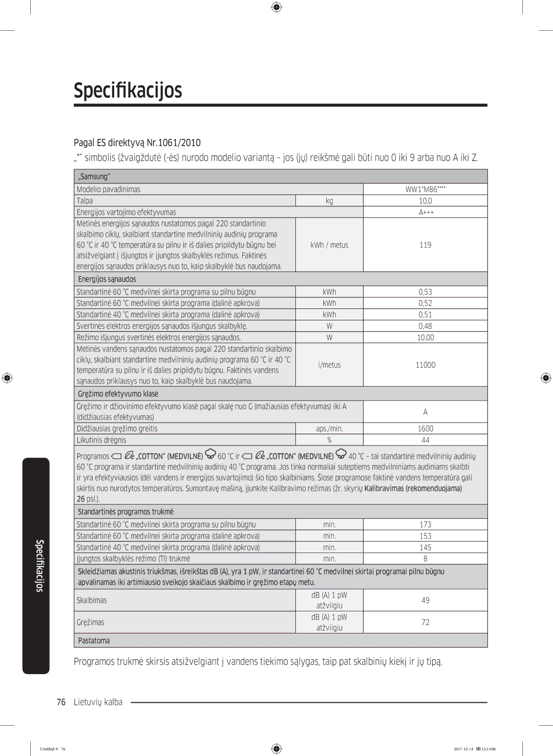 Samsung WW10M86INOA/LE manual „Samsung Modelio pavadinimas WW1*M86 Talpa 