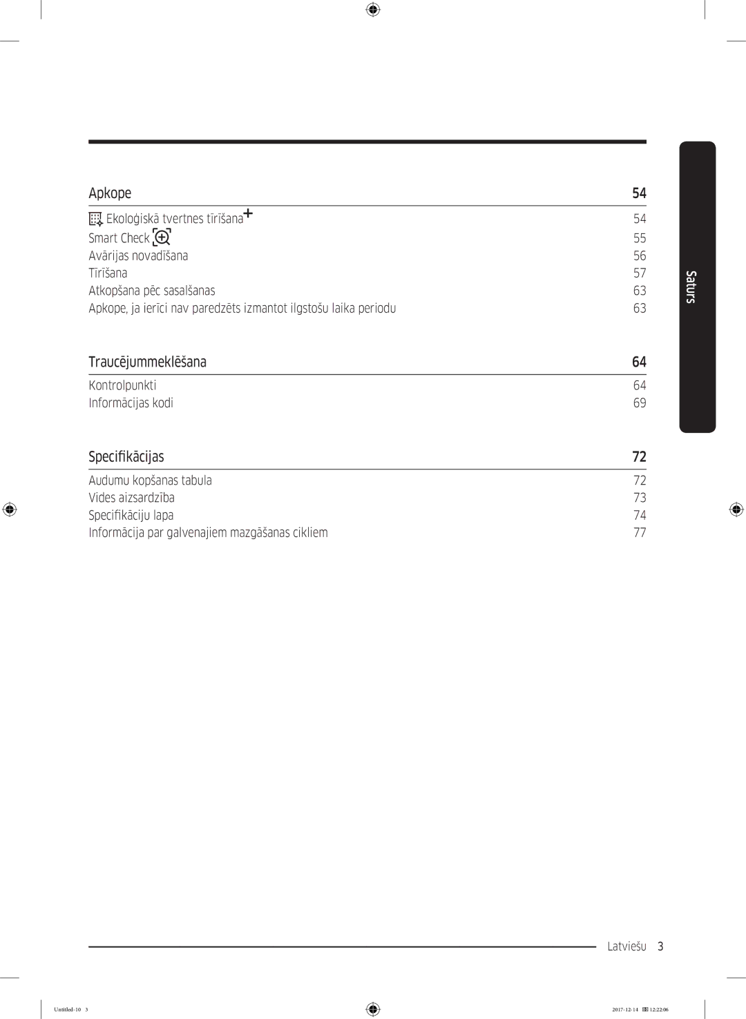 Samsung WW10M86INOA/LE manual Apkope, Traucējummeklēšana, Specifikācijas 