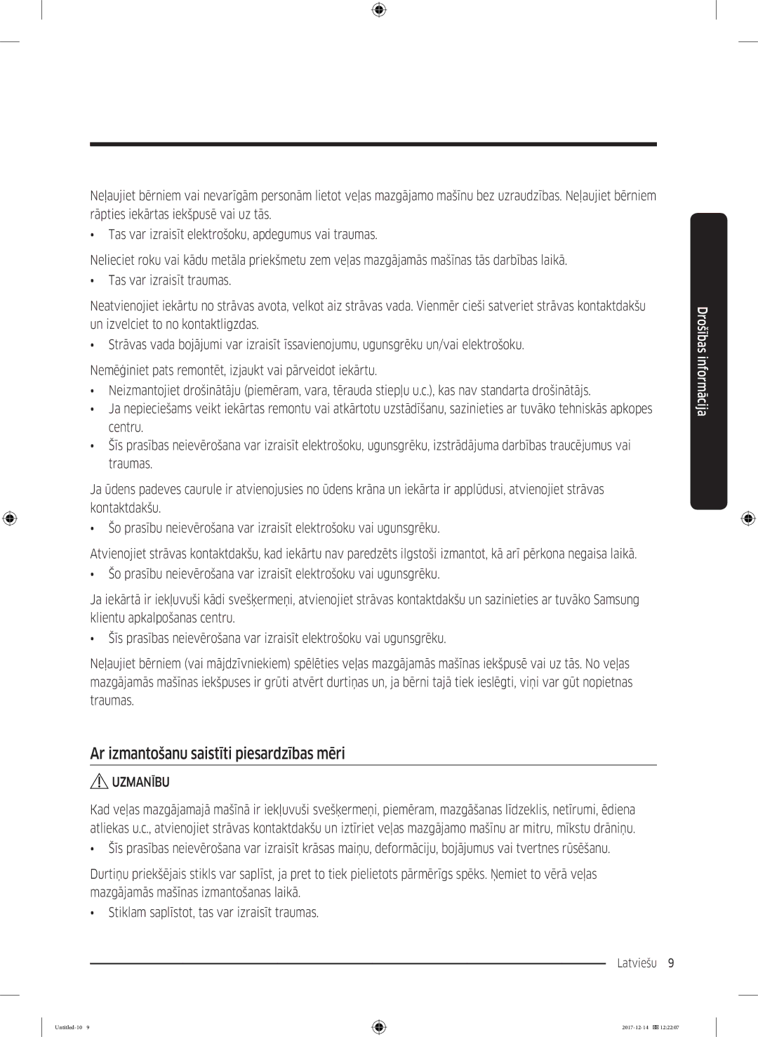 Samsung WW10M86INOA/LE manual Ar izmantošanu saistīti piesardzības mēri 