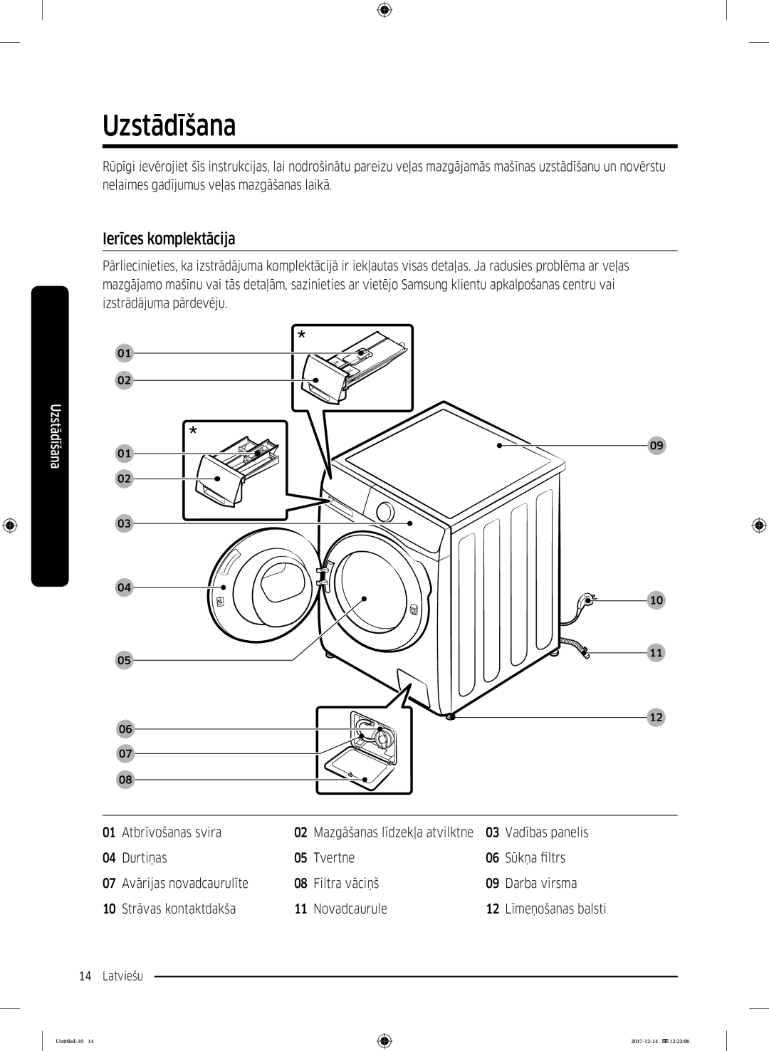 Samsung WW10M86INOA/LE manual Uzstādīšana, Ierīces komplektācija 