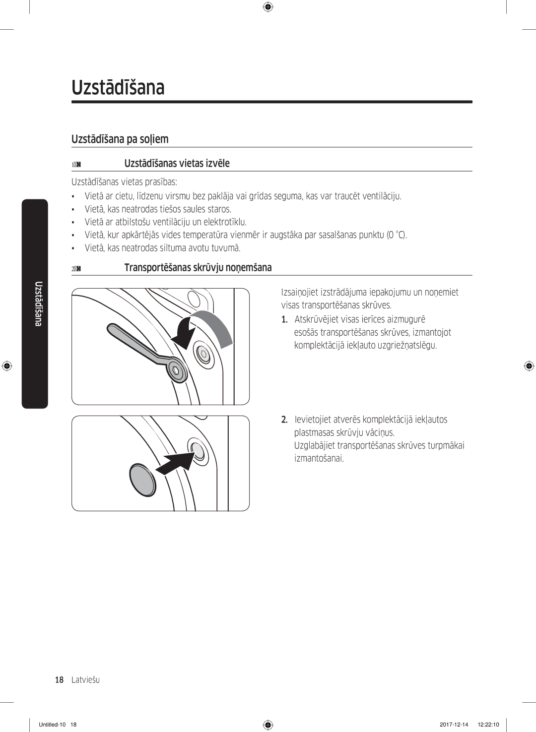 Samsung WW10M86INOA/LE manual Uzstādīšana pa soļiem, Darbība Uzstādīšanas vietas izvēle 