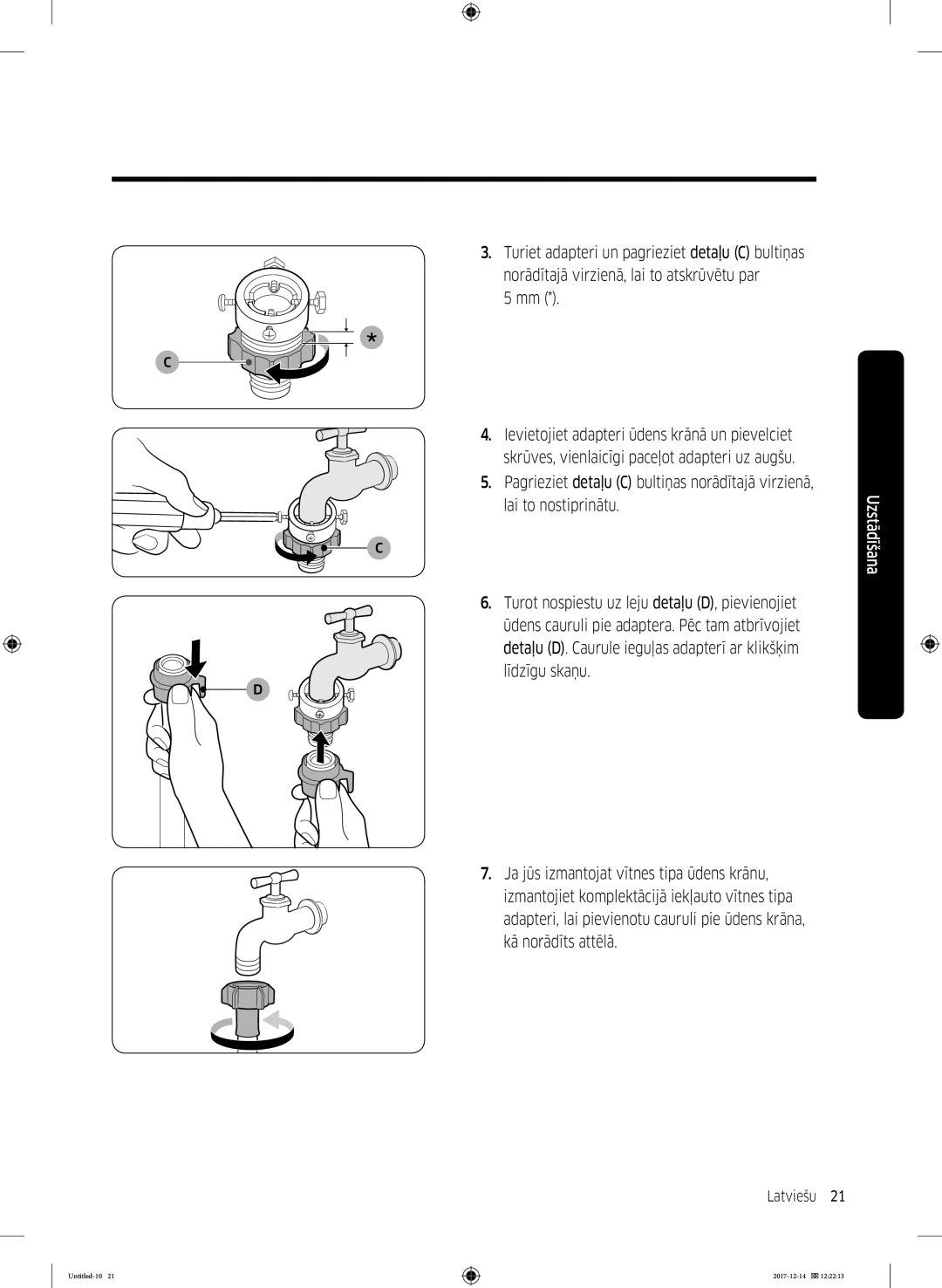 Samsung WW10M86INOA/LE manual Ievietojiet adapteri ūdens krānā un pievelciet, Lai to nostiprinātu, Līdzīgu skaņu 