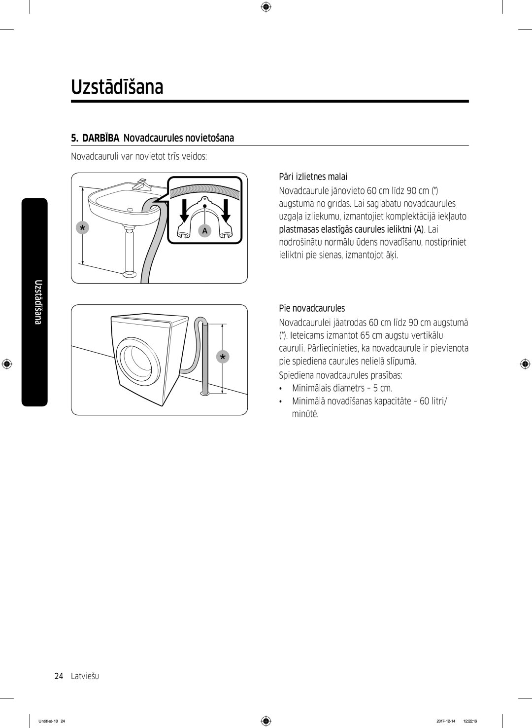 Samsung WW10M86INOA/LE manual Darbība Novadcaurules novietošana, Novadcauruli var novietot trīs veidos Pāri izlietnes malai 