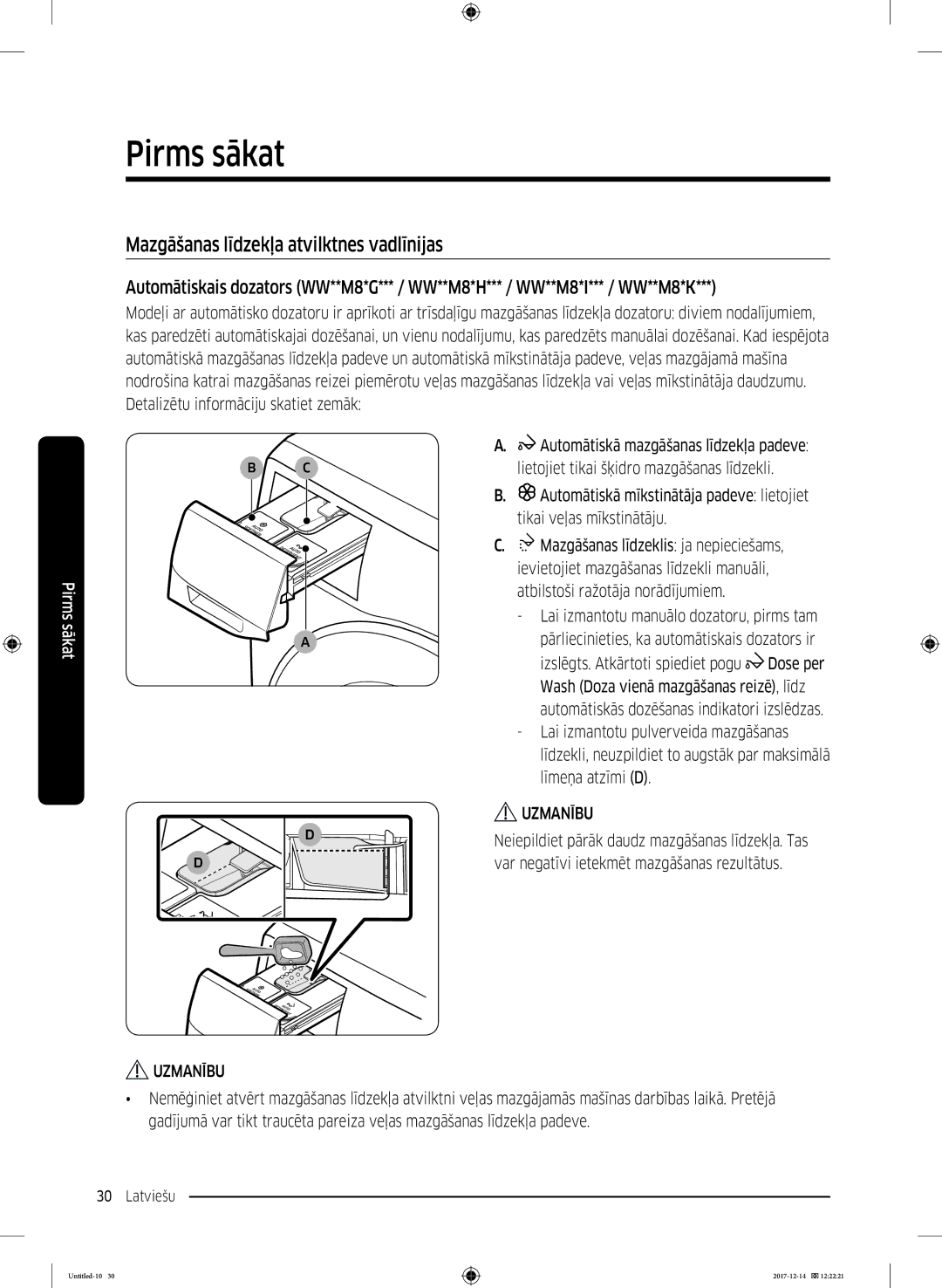 Samsung WW10M86INOA/LE manual Mazgāšanas līdzekļa atvilktnes vadlīnijas 