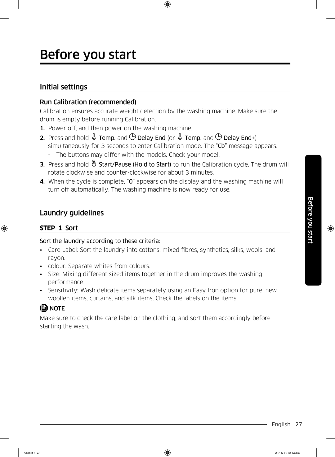 Samsung WW10M86INOA/LE manual Before you start, Initial settings, Laundry guidelines, Run Calibration recommended 