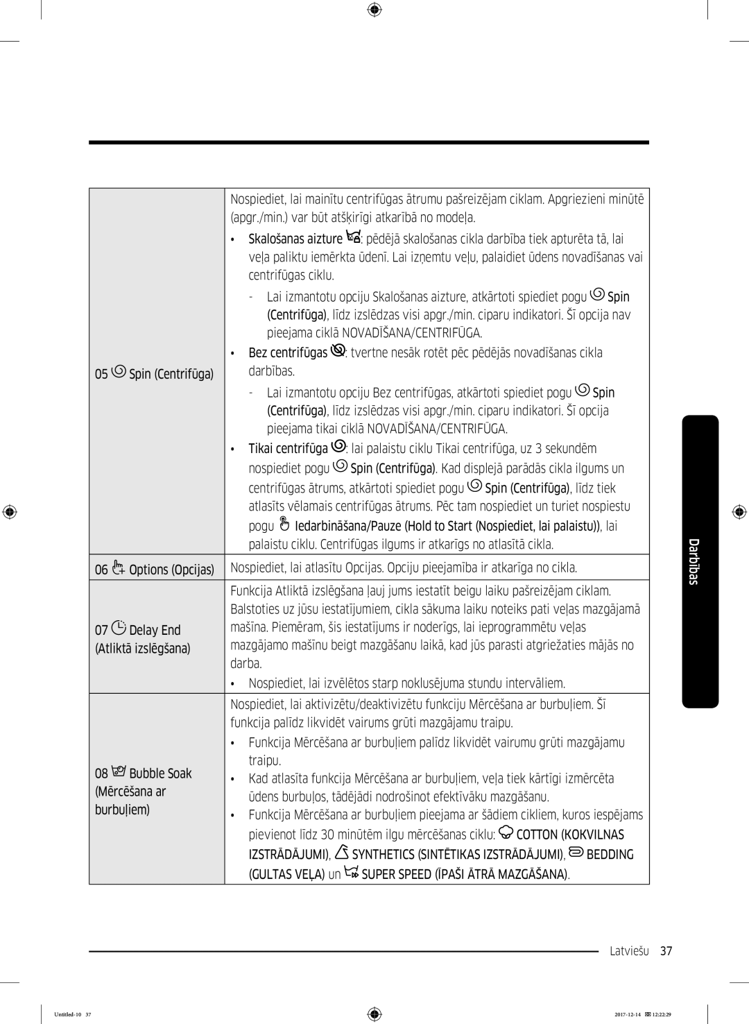 Samsung WW10M86INOA/LE manual Darba, Burbuļiem, Izstrādājumi 