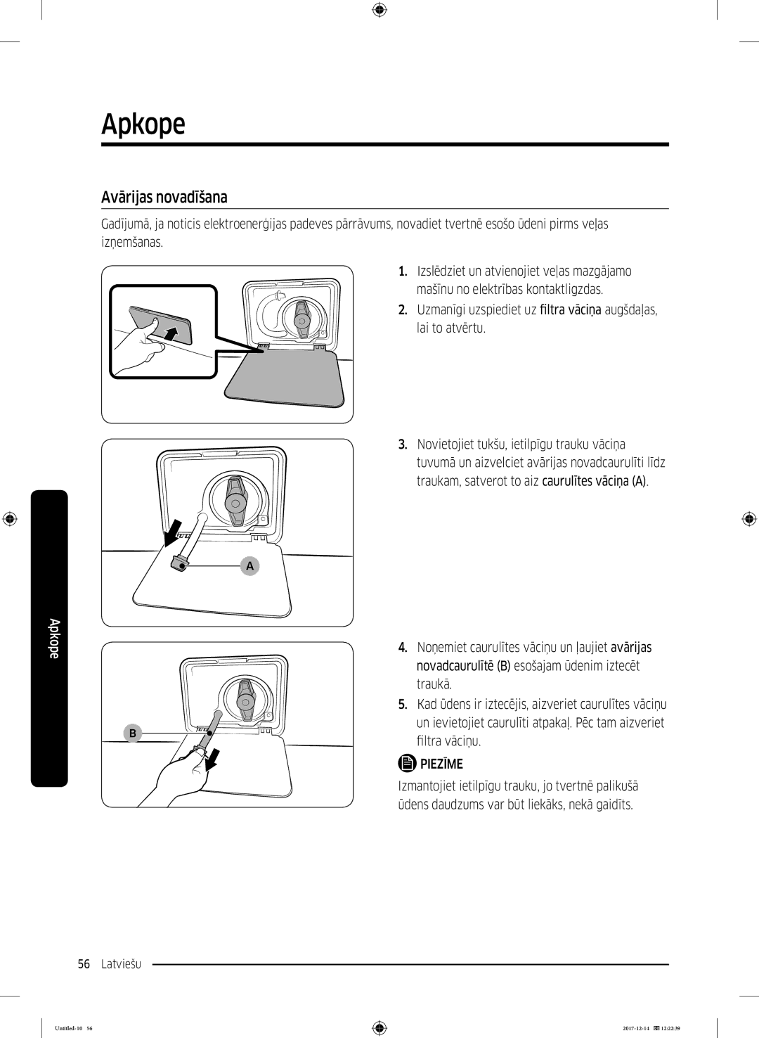 Samsung WW10M86INOA/LE manual Avārijas novadīšana 