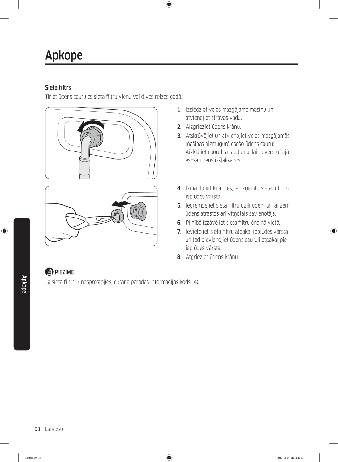 Samsung WW10M86INOA/LE manual Sieta filtrs 