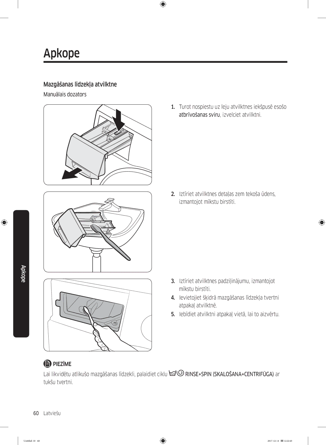 Samsung WW10M86INOA/LE manual Mazgāšanas līdzekļa atvilktne, Lai likvidētu atlikušo mazgāšanas līdzekli, palaidiet ciklu 