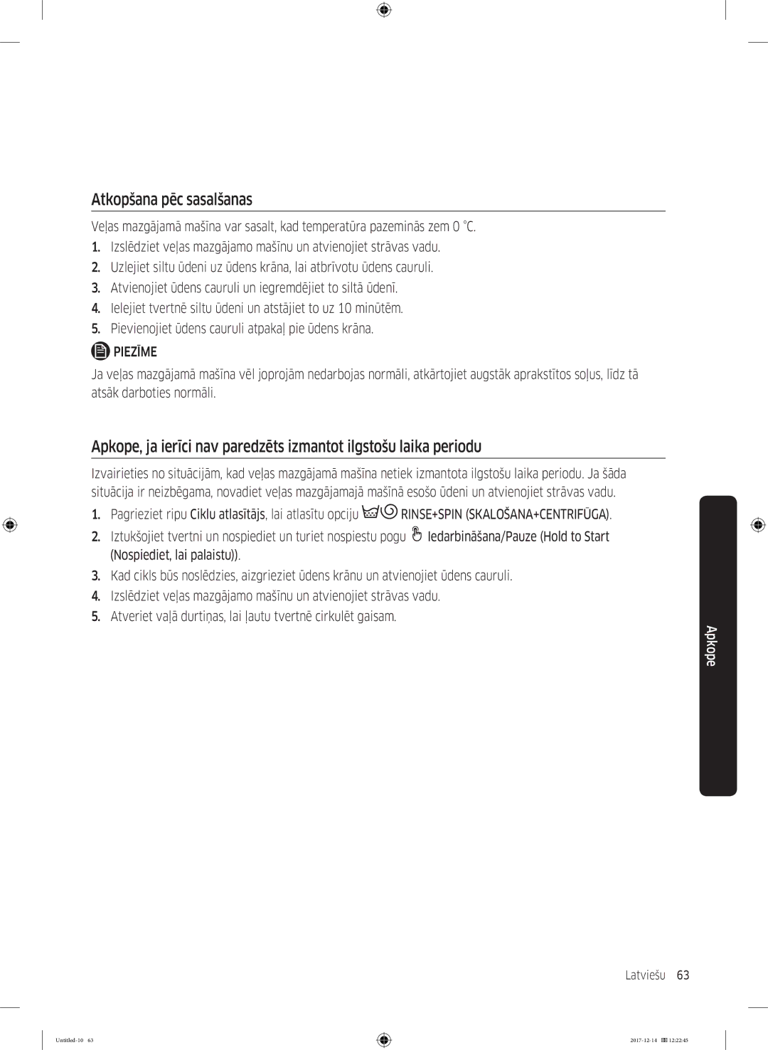 Samsung WW10M86INOA/LE manual Atkopšana pēc sasalšanas 