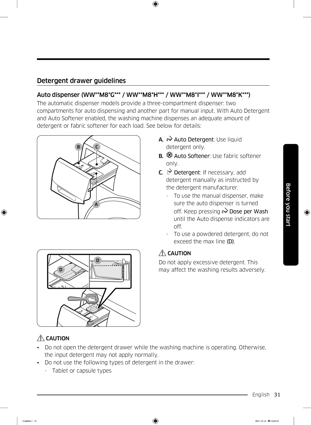 Samsung WW10M86INOA/LE manual Detergent drawer guidelines 