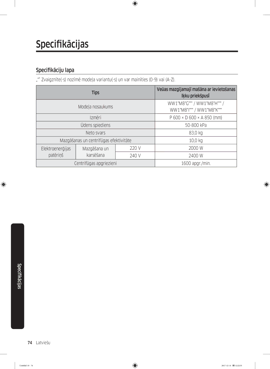 Samsung WW10M86INOA/LE manual Specifikāciju lapa, Patēriņš Karsēšana 240 