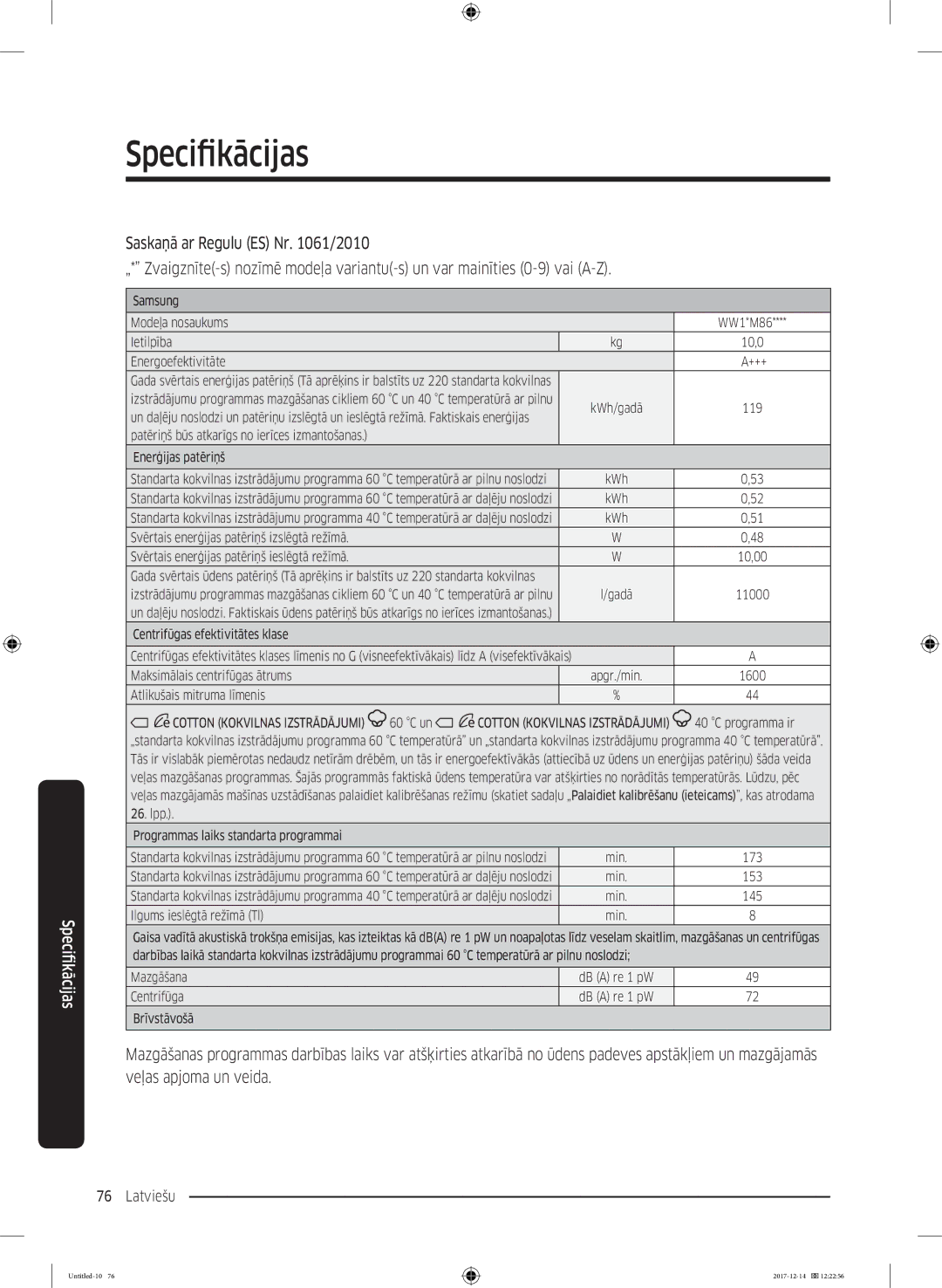 Samsung WW10M86INOA/LE manual Samsung Modeļa nosaukums WW1*M86 Ietilpība 