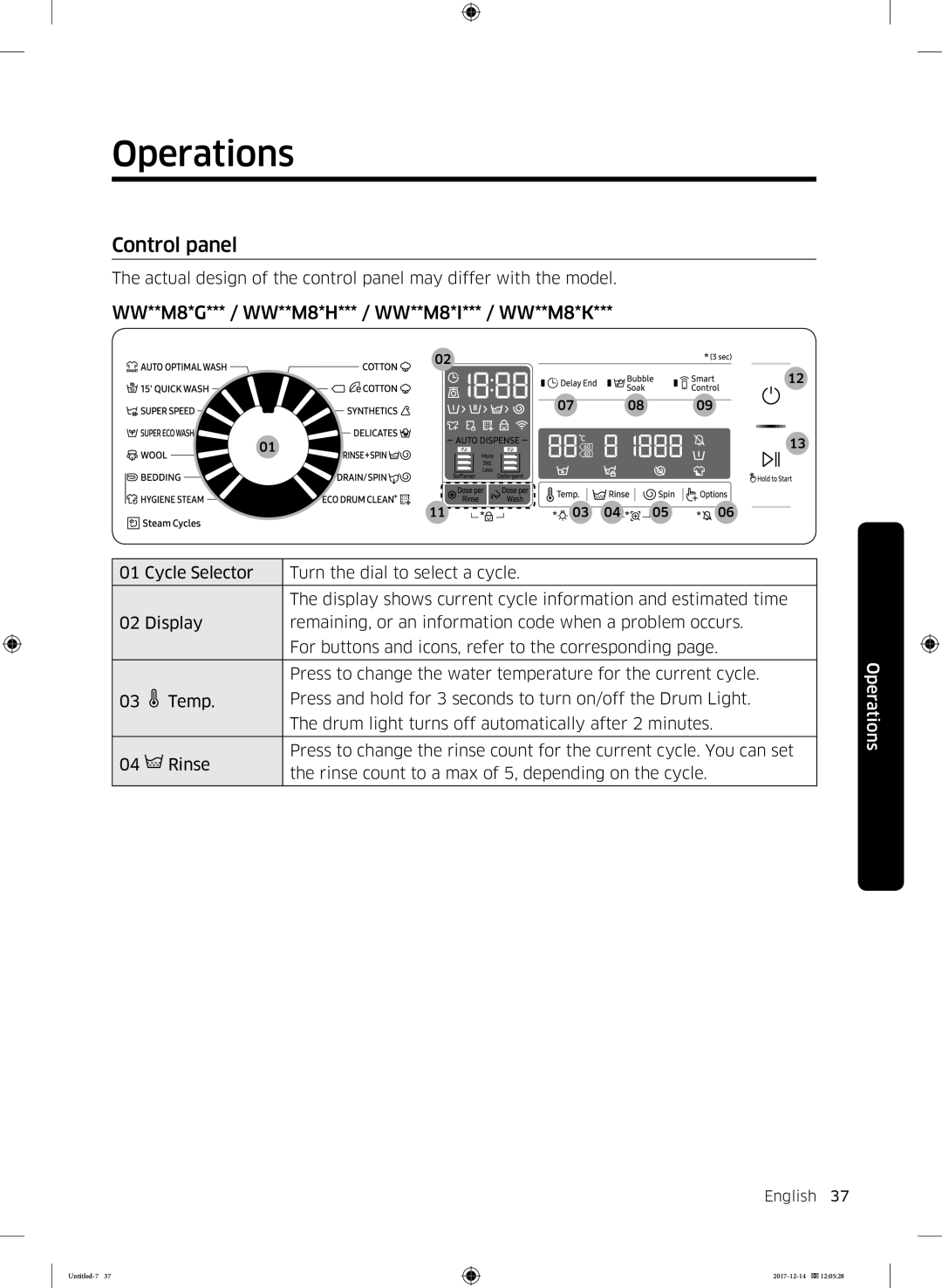 Samsung WW10M86INOA/LE manual Operations, Control panel, WW**M8*G*** / WW**M8*H*** / WW**M8*I*** / WW**M8*K 