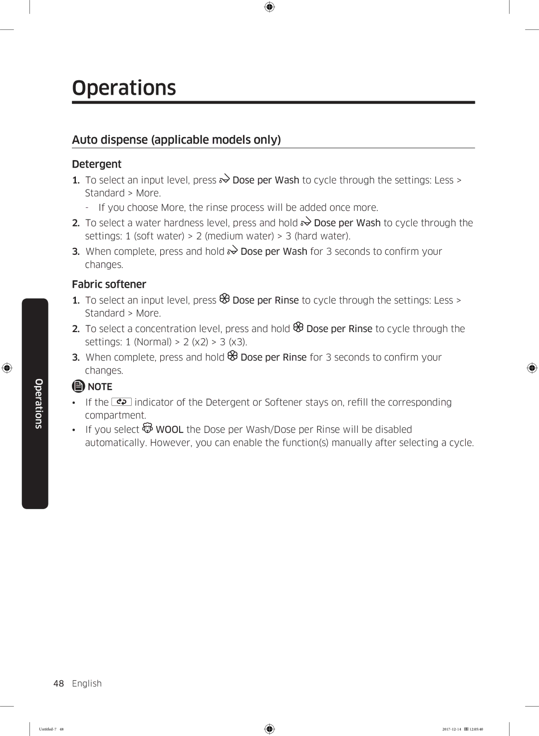 Samsung WW10M86INOA/LE manual Auto dispense applicable models only, Detergent, Fabric softener 