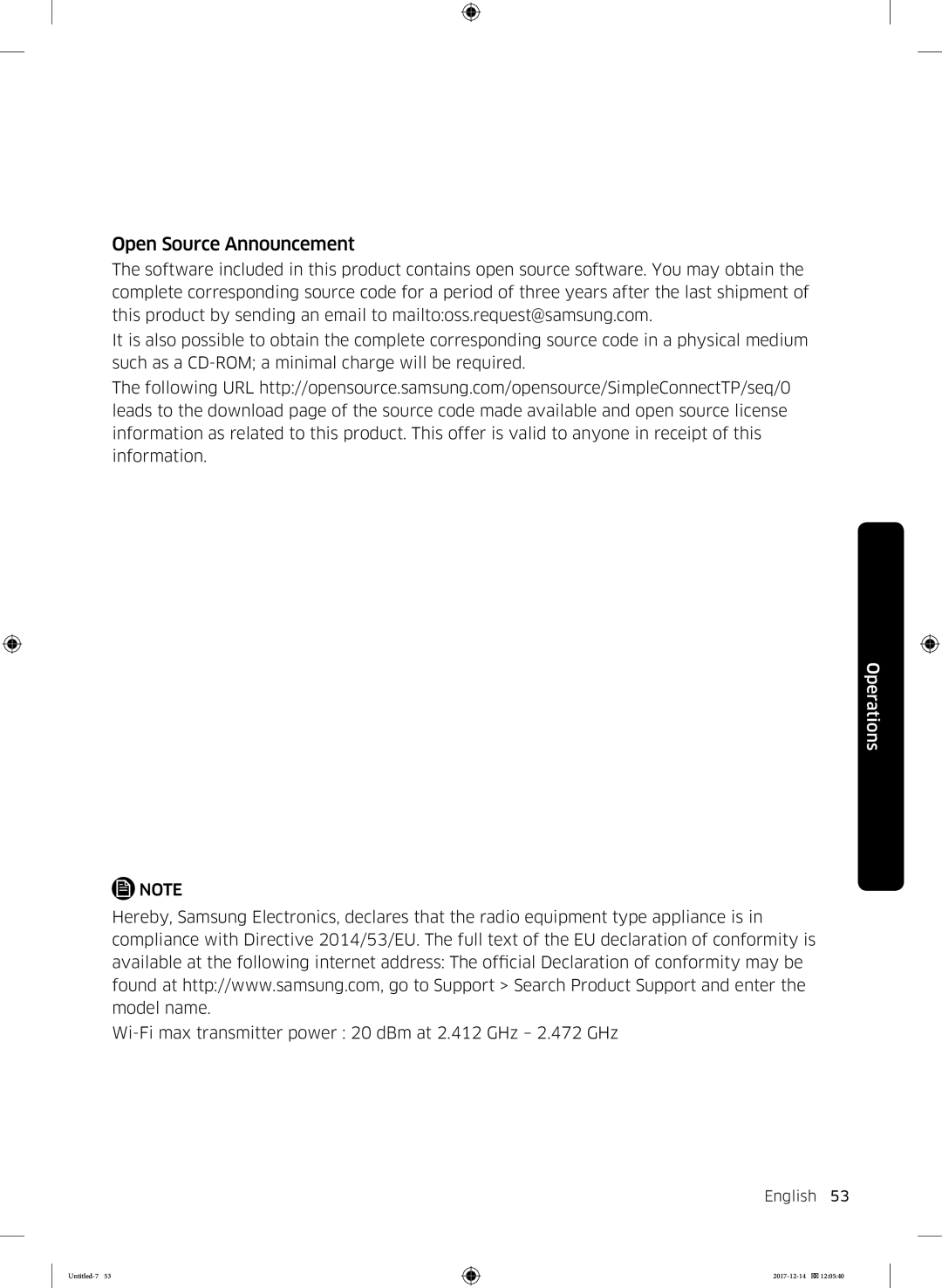 Samsung WW10M86INOA/LE manual Open Source Announcement, Wi-Fi max transmitter power 20 dBm at 2.412 GHz 2.472 GHz 