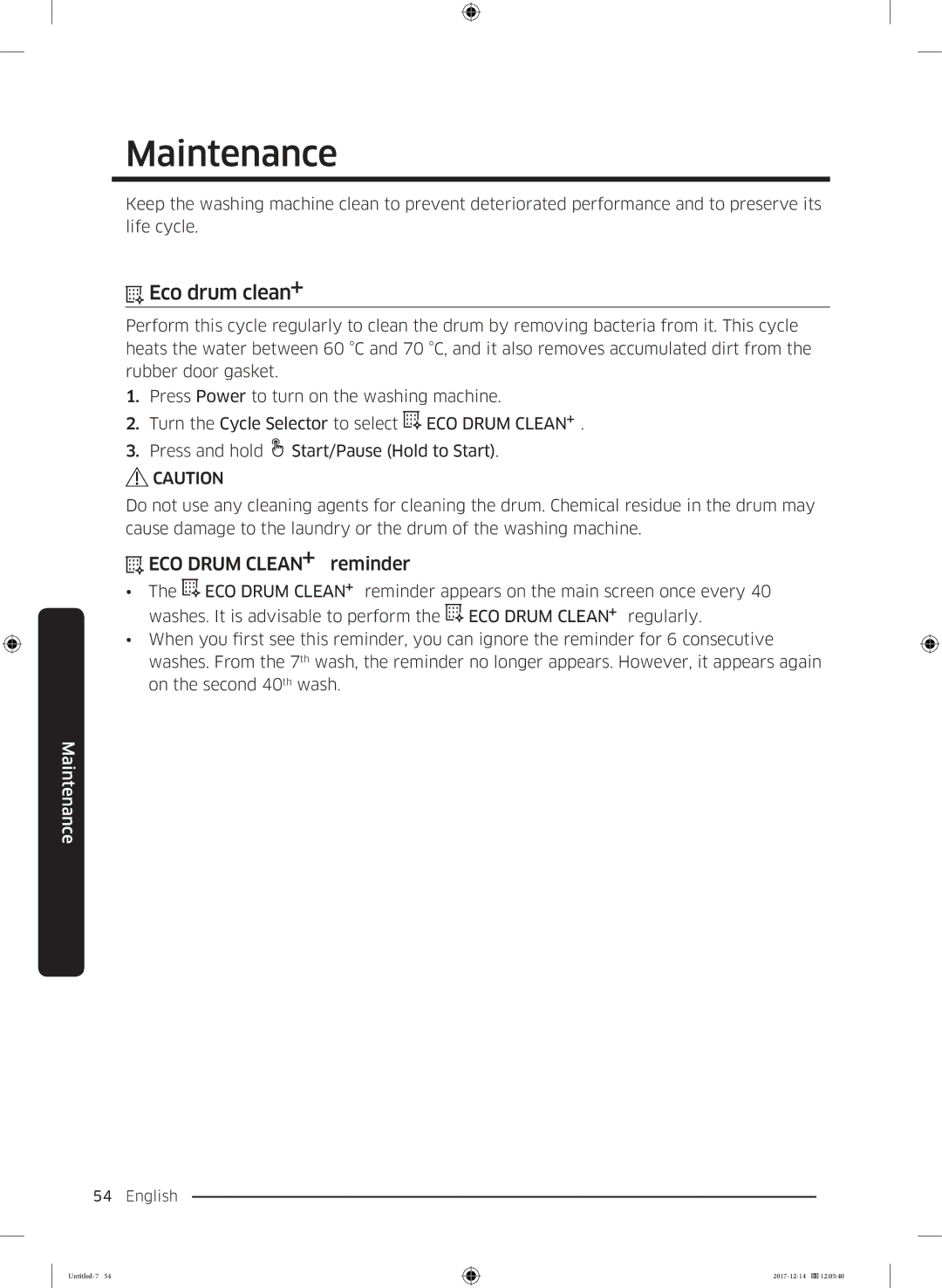 Samsung WW10M86INOA/LE manual Maintenance, Eco drum clean, ECO Drum Clean reminder 