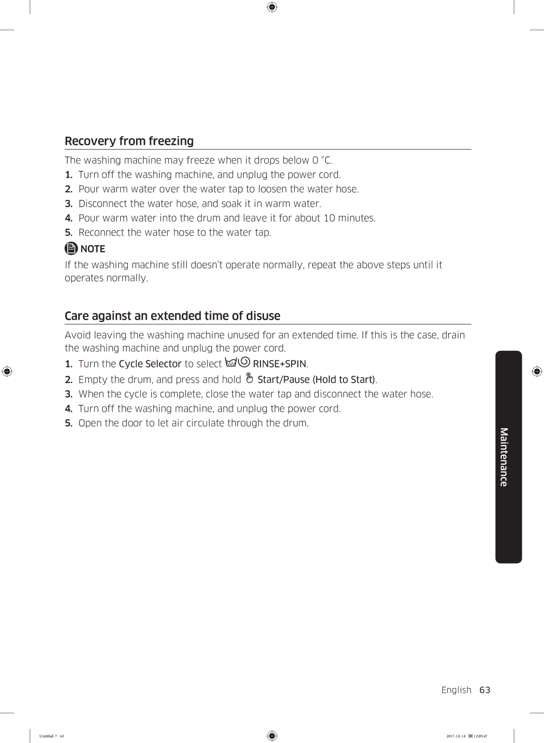 Samsung WW10M86INOA/LE manual Recovery from freezing, Care against an extended time of disuse 