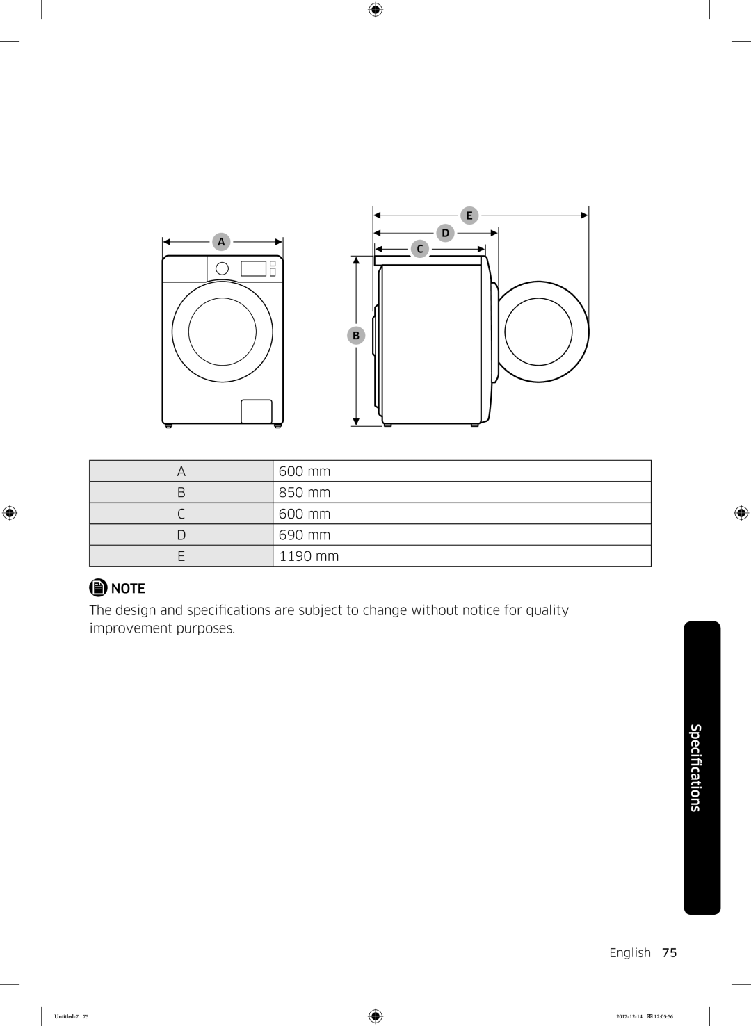 Samsung WW10M86INOA/LE manual 600 mm, 850 mm, 690 mm, 1190 mm 