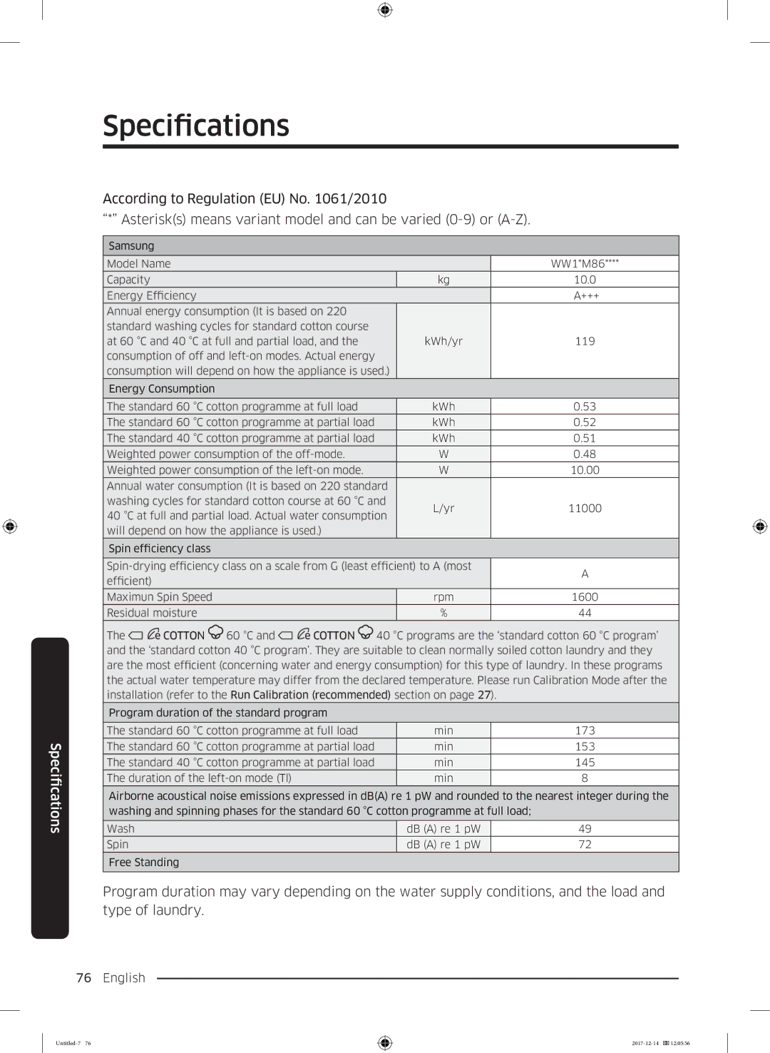 Samsung WW10M86INOA/LE manual Specifications 