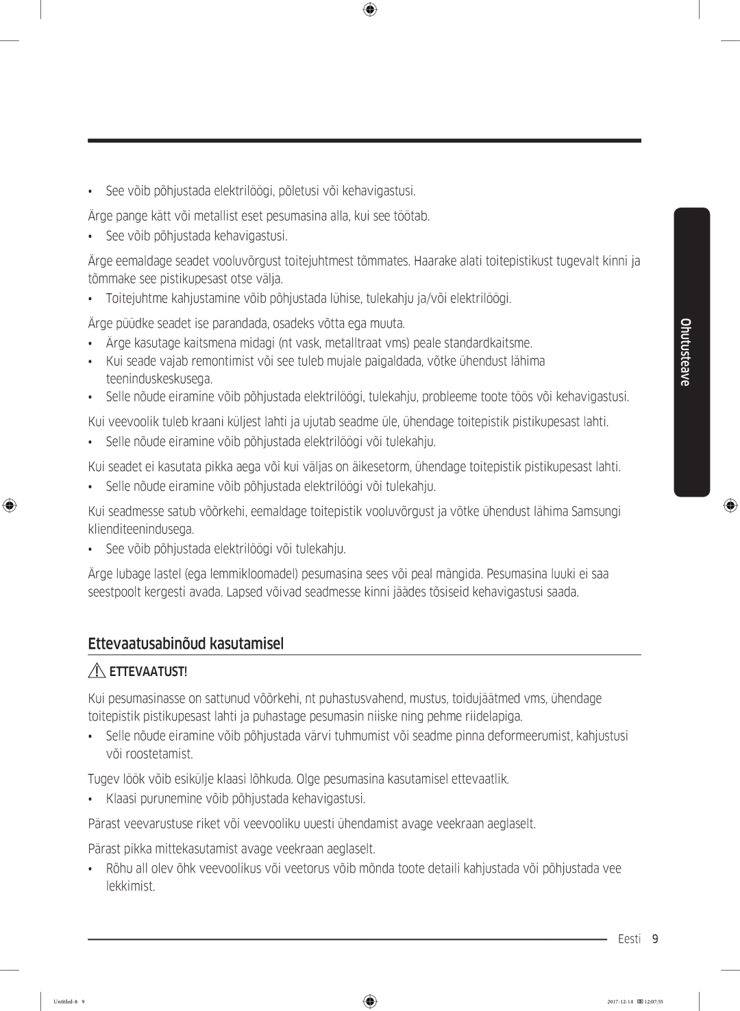 Samsung WW10M86INOA/LE manual Ettevaatusabinõud kasutamisel 