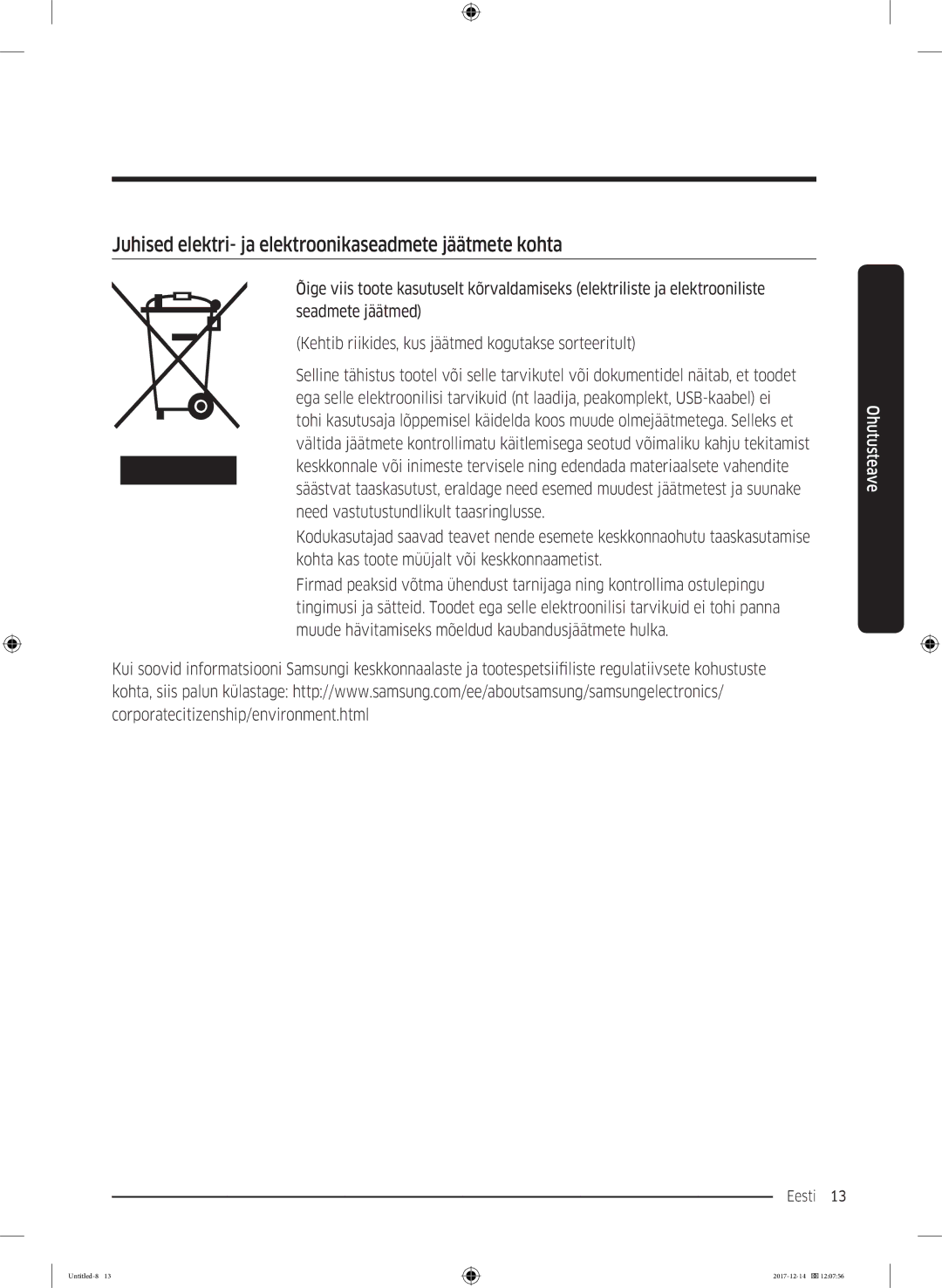 Samsung WW10M86INOA/LE manual Juhised elektri- ja elektroonikaseadmete jäätmete kohta 