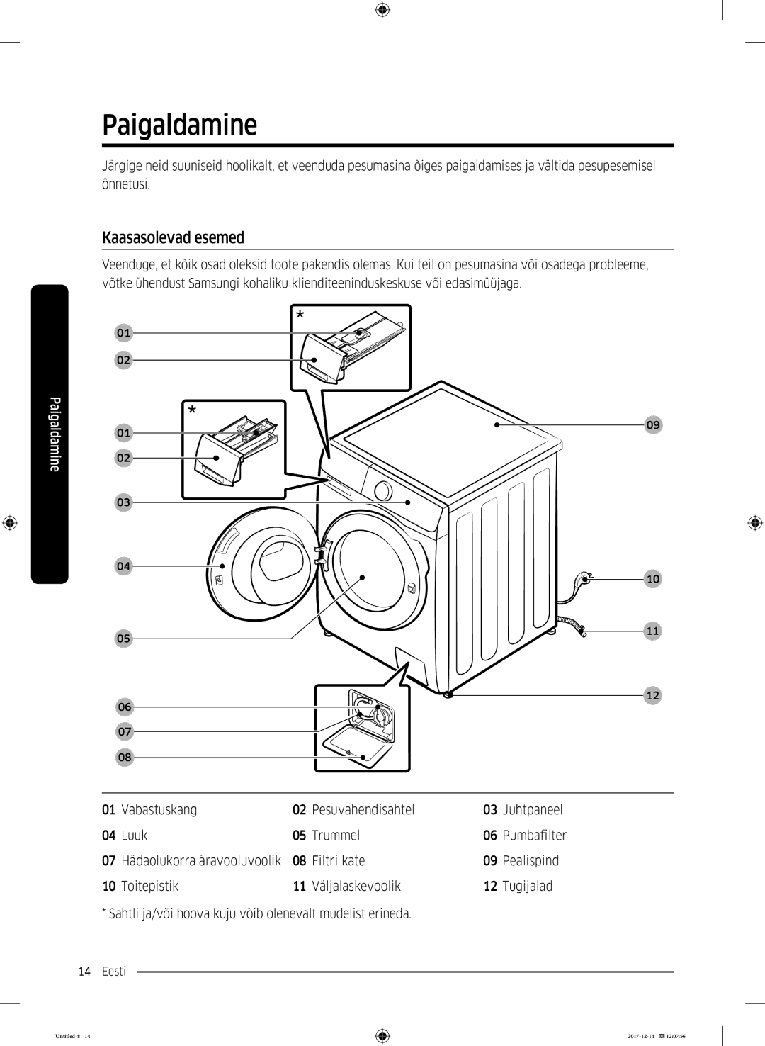 Samsung WW10M86INOA/LE manual Paigaldamine, Kaasasolevad esemed 