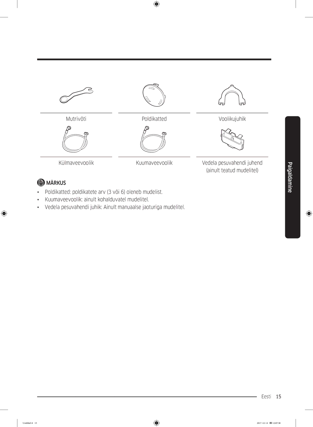 Samsung WW10M86INOA/LE manual Mutrivõti Poldikatted, Külmaveevoolik Kuumaveevoolik 