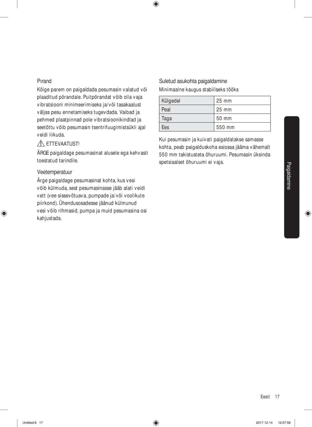 Samsung WW10M86INOA/LE manual Põrand, Veetemperatuur, Suletud asukohta paigaldamine 