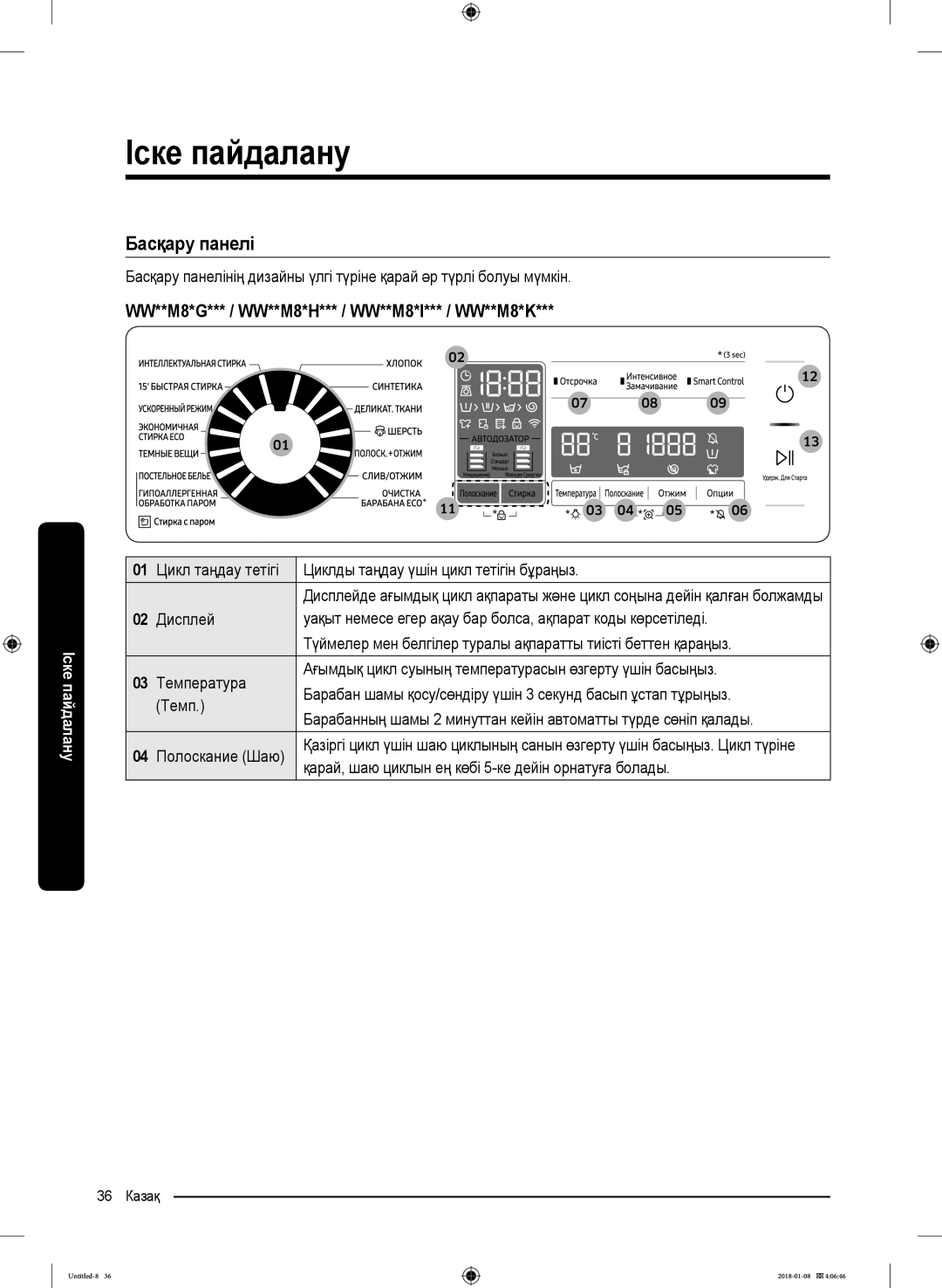 Samsung WW10M86KNOA/LP manual Іске пайдалану, Басқару панелі, Цикл таңдау тетігі Циклды таңдау үшін цикл тетігін бұраңыз 