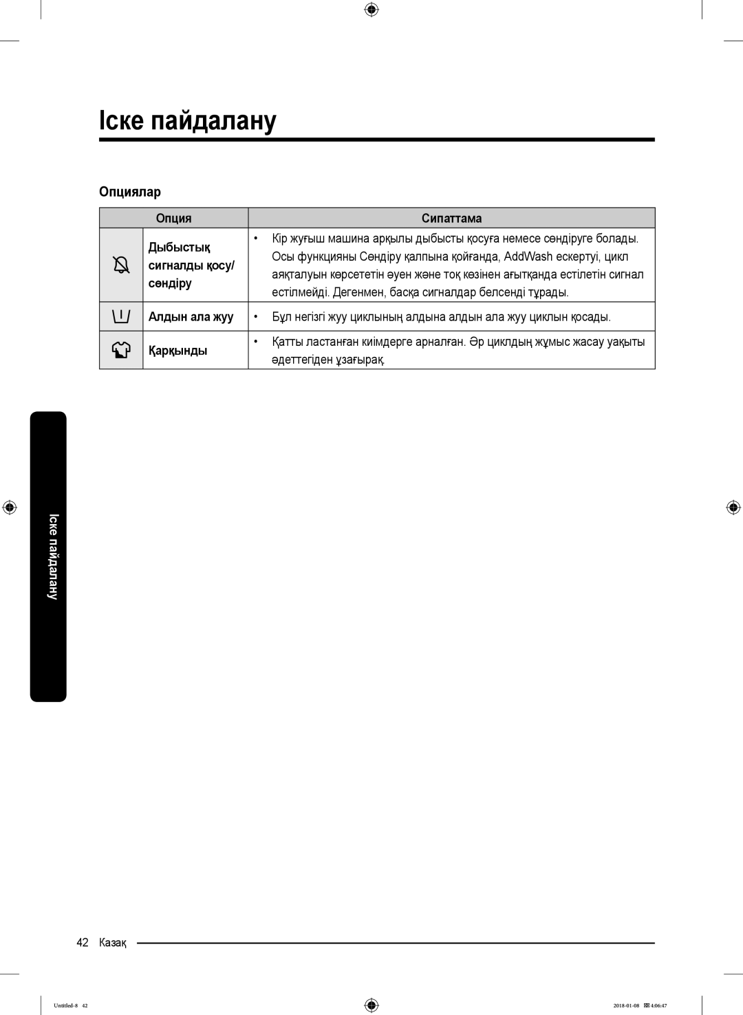 Samsung WW10M86KNOA/LP manual Опциялар 