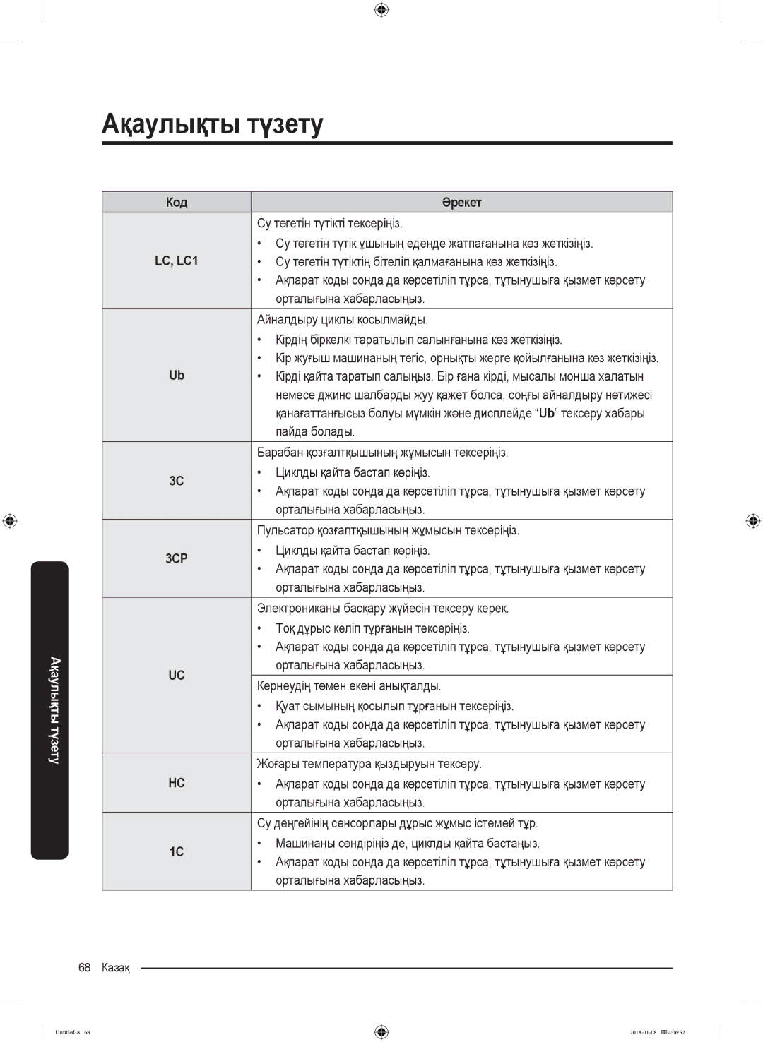 Samsung WW10M86KNOA/LP manual Су төгетін түтікті тексеріңіз, Су төгетін түтік ұшының еденде жатпағанына көз жеткізіңіз 