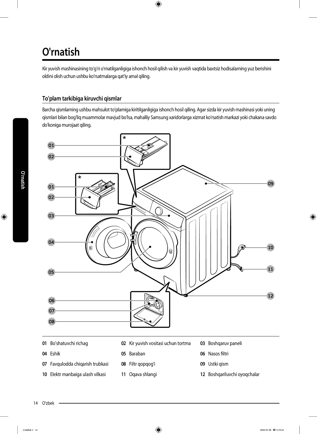 Samsung WW10M86KNOA/LP manual Ornatish, Toplam tarkibiga kiruvchi qismlar 