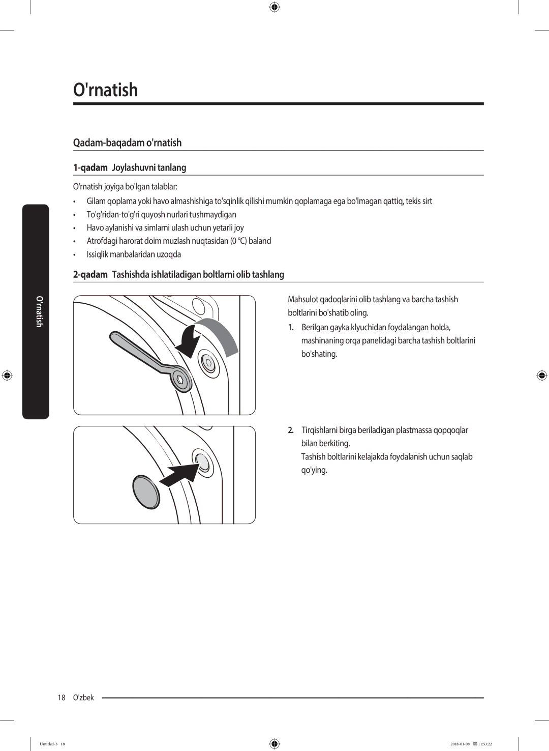 Samsung WW10M86KNOA/LP manual Qadam-baqadam ornatish, Qadam Joylashuvni tanlang 