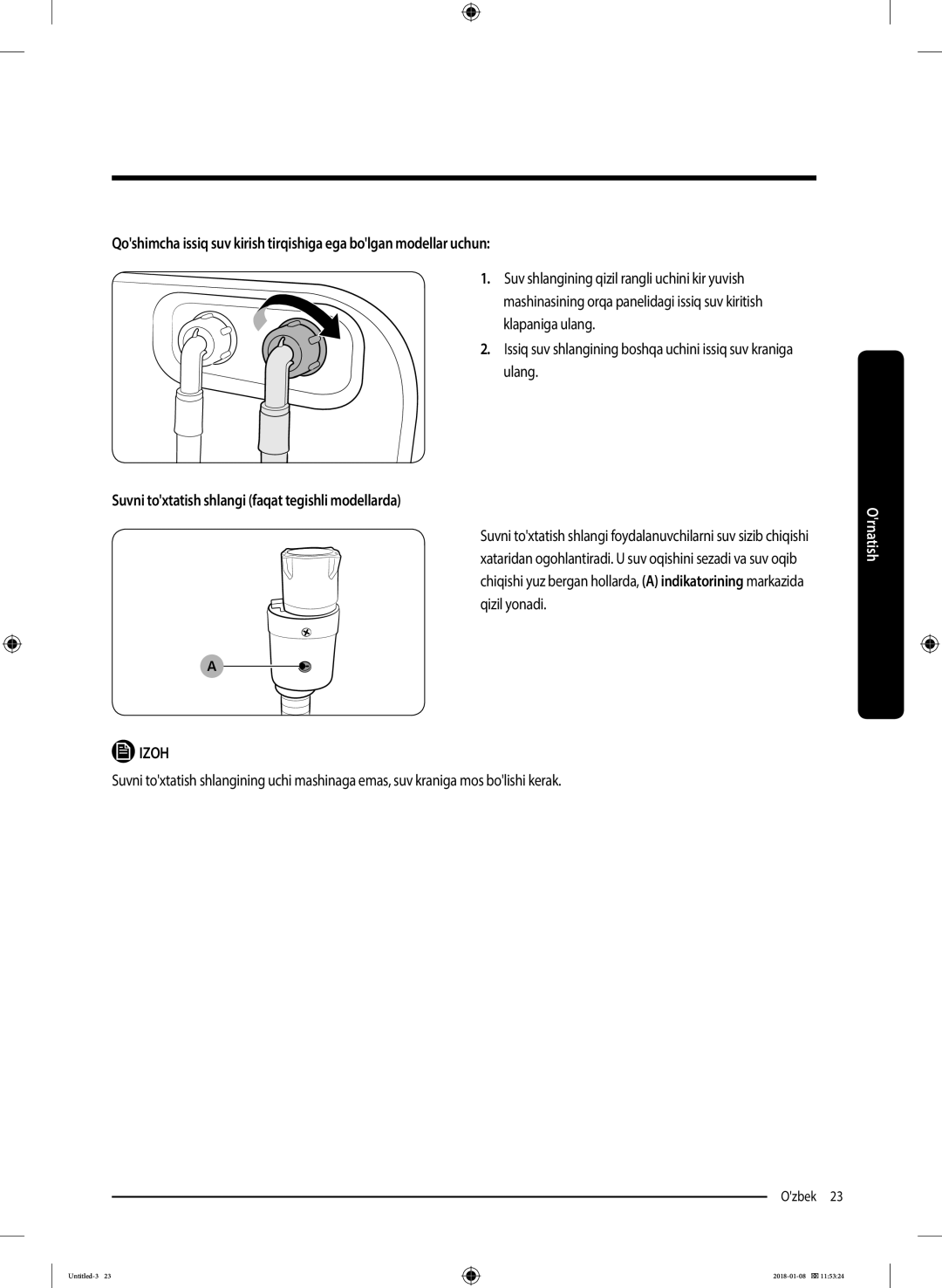 Samsung WW10M86KNOA/LP manual Suvni toxtatish shlangi faqat tegishli modellarda 