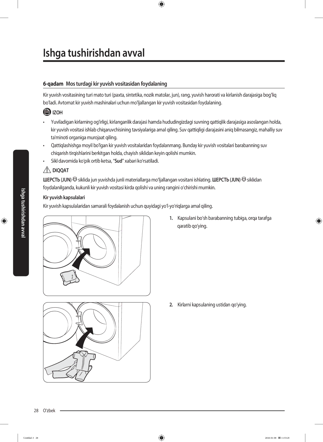 Samsung WW10M86KNOA/LP manual Qadam Mos turdagi kir yuvish vositasidan foydalaning, Kir yuvish kapsulalari 