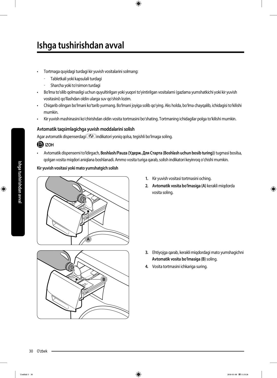 Samsung WW10M86KNOA/LP manual Avtomatik taqsimlagichga yuvish moddalarini solish, Kir yuvish vositasi tortmasini oching 