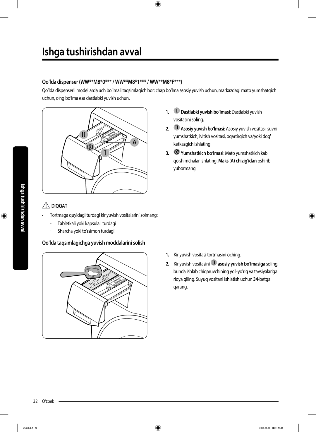 Samsung WW10M86KNOA/LP manual Qo‘lda dispenser WW**M8*0*** / WW**M8*1*** / WW**M8*F, Sharcha yoki torsimon turdagi 