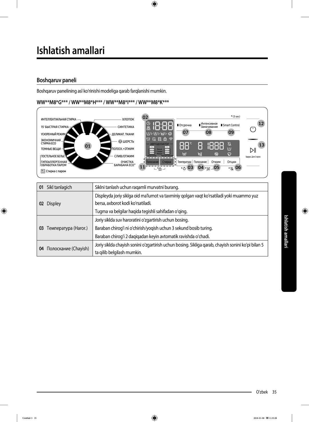 Samsung WW10M86KNOA/LP manual Ishlatish amallari, Boshqaruv paneli, Sikl tanlagich, Displey Bersa, axborot kodi korsatiladi 