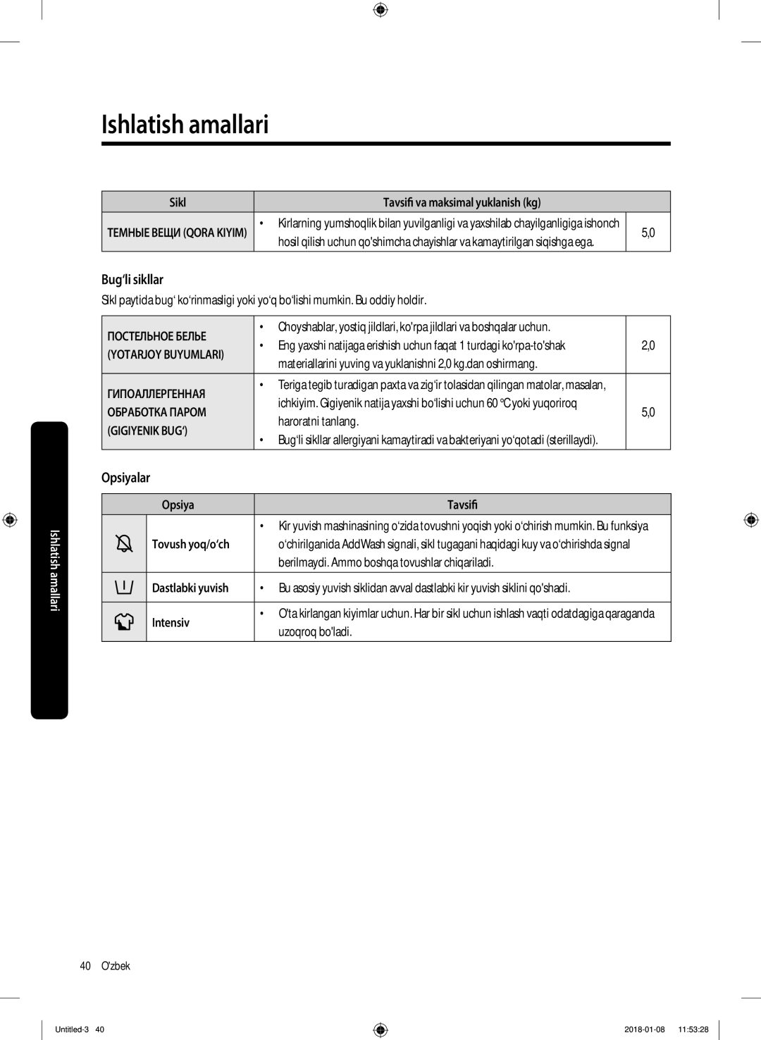 Samsung WW10M86KNOA/LP manual Bug‘li sikllar, Opsiyalar, Gigiyenik BUG‘ 