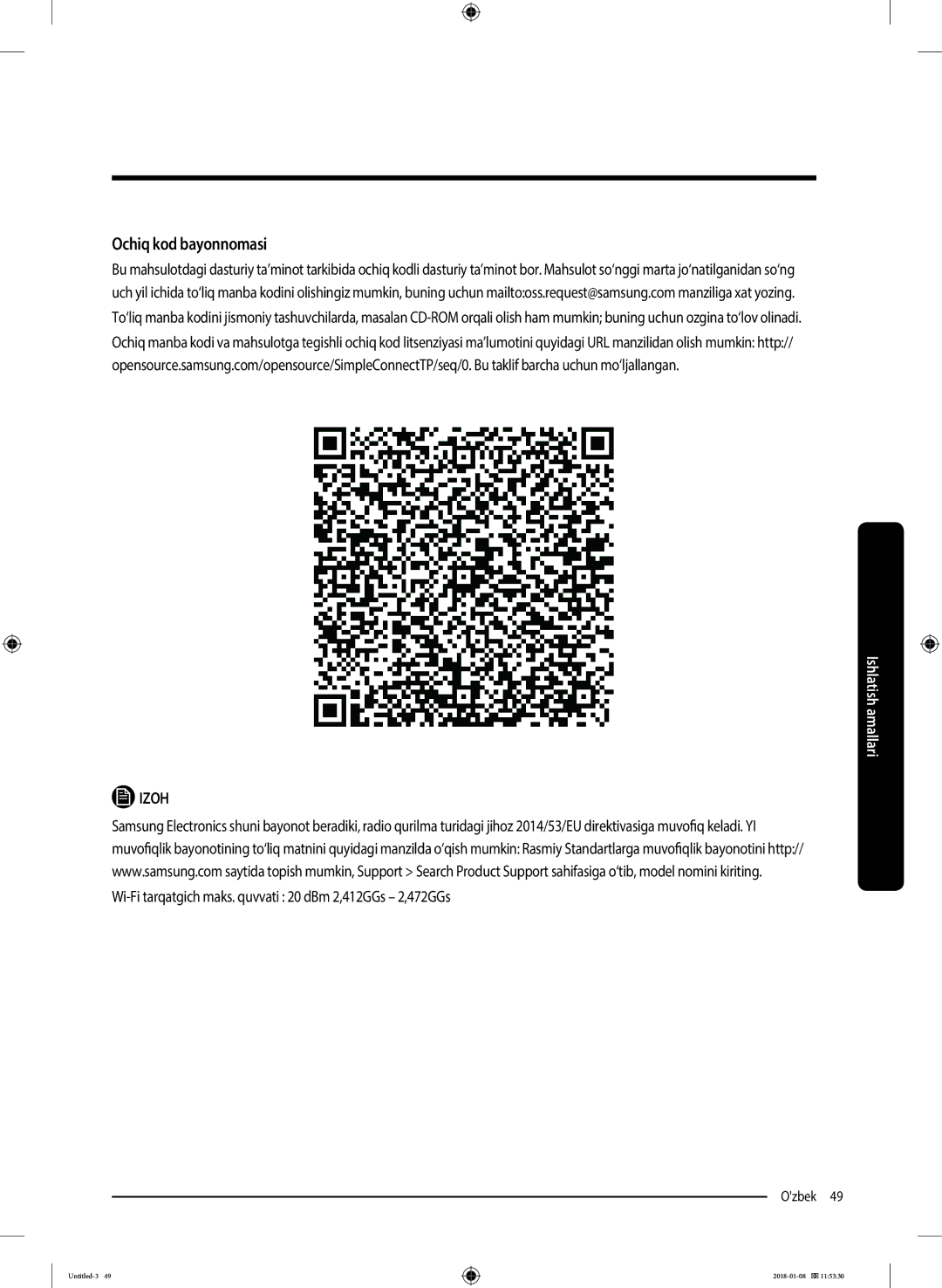 Samsung WW10M86KNOA/LP manual Ochiq kod bayonnomasi, Wi-Fi tarqatgich maks. quvvati 20 dBm 2,412GGs 2,472GGs 