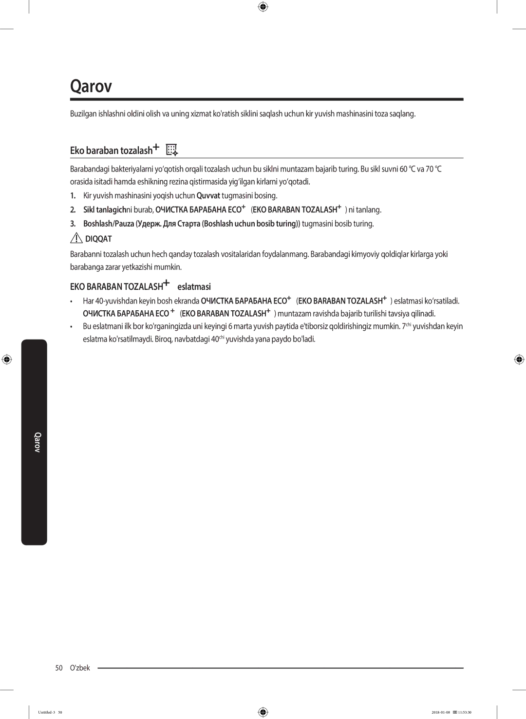 Samsung WW10M86KNOA/LP manual Qarov, Eko baraban tozalash, EKO Baraban Tozalash eslatmasi 