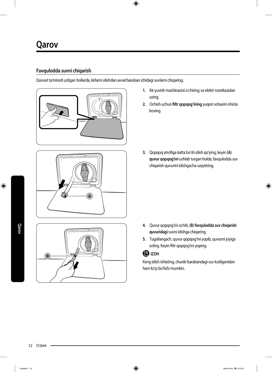 Samsung WW10M86KNOA/LP manual Favqulodda suvni chiqarish, Ochish uchun filtr qopqog‘iningyuqori sohasini ohista bosing 