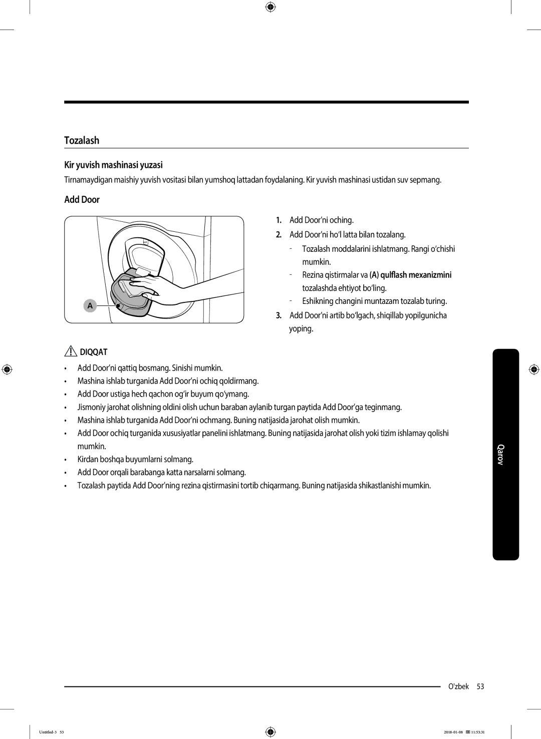 Samsung WW10M86KNOA/LP manual Tozalash, Kir yuvish mashinasi yuzasi 