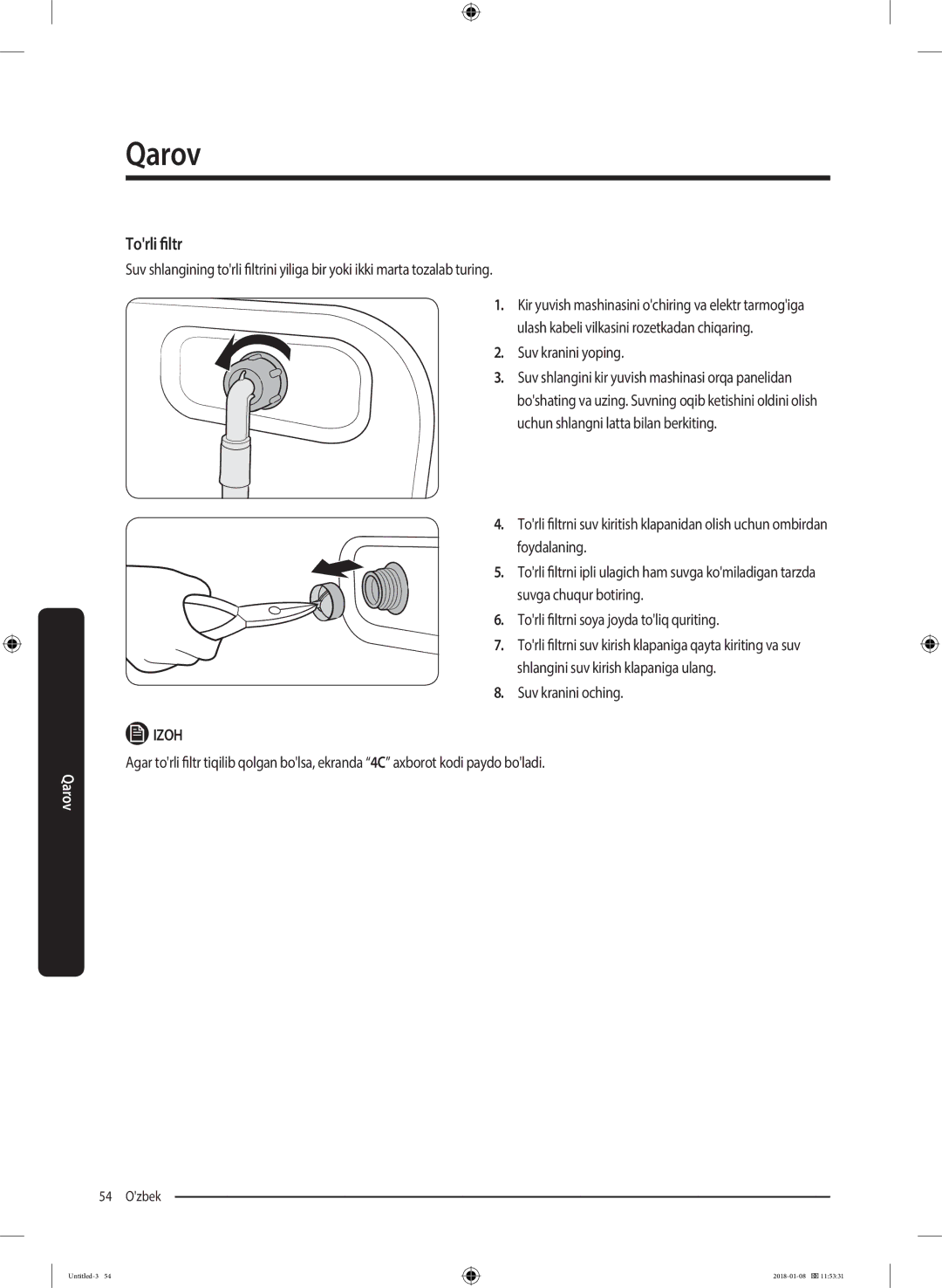 Samsung WW10M86KNOA/LP manual Torli filtr, Suv kranini yoping, Suv kranini oching 