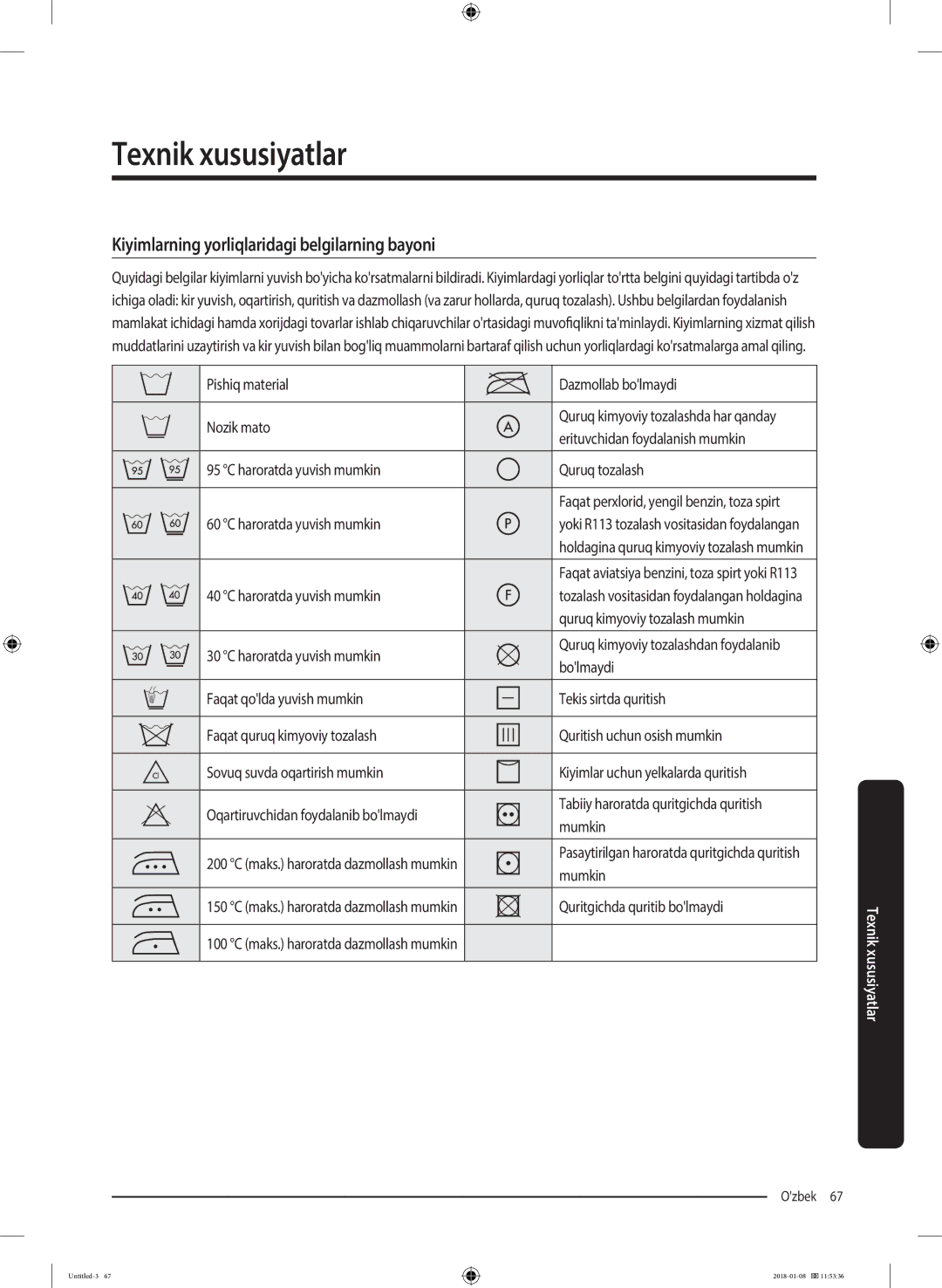 Samsung WW10M86KNOA/LP manual Texnik xususiyatlar, Kiyimlarning yorliqlaridagi belgilarning bayoni 