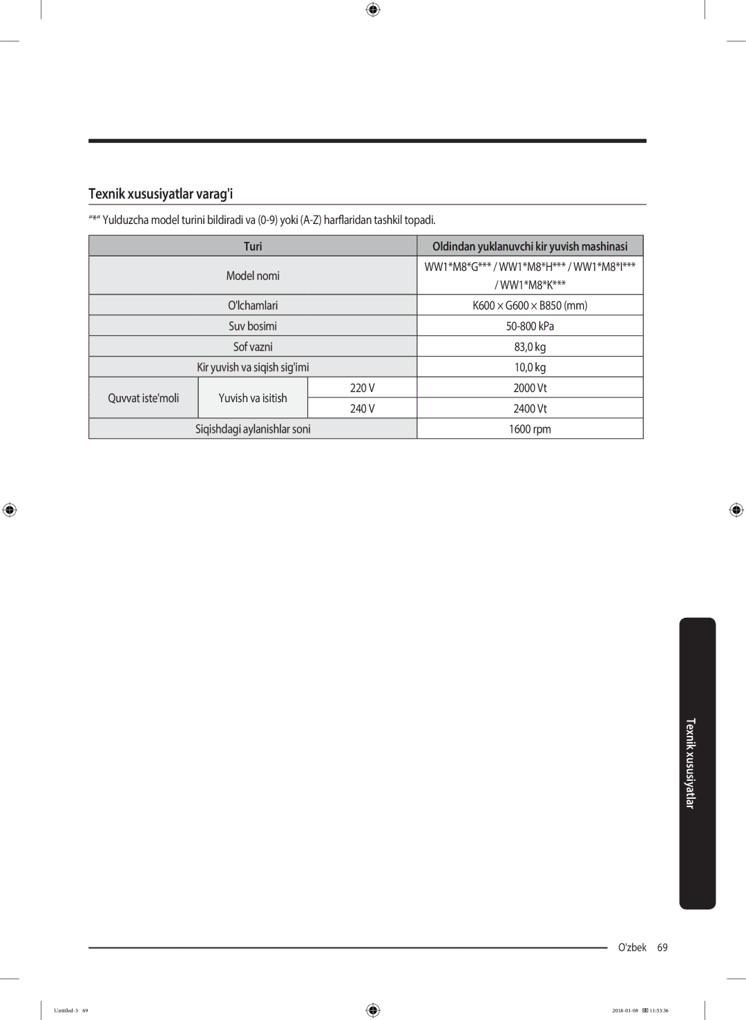 Samsung WW10M86KNOA/LP manual Texnik xususiyatlar varagi, Turi, Quvvat istemoli, 220, 240 