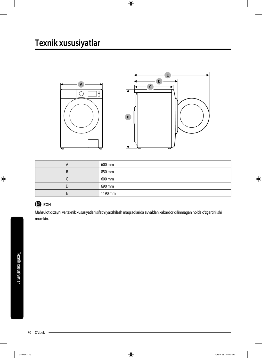 Samsung WW10M86KNOA/LP manual 600 mm, 850 mm, 690 mm, 1190 mm 